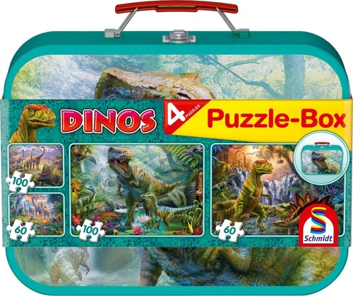 Puzzle Dinosau�i 4v1 v plechov�m kuf��ku